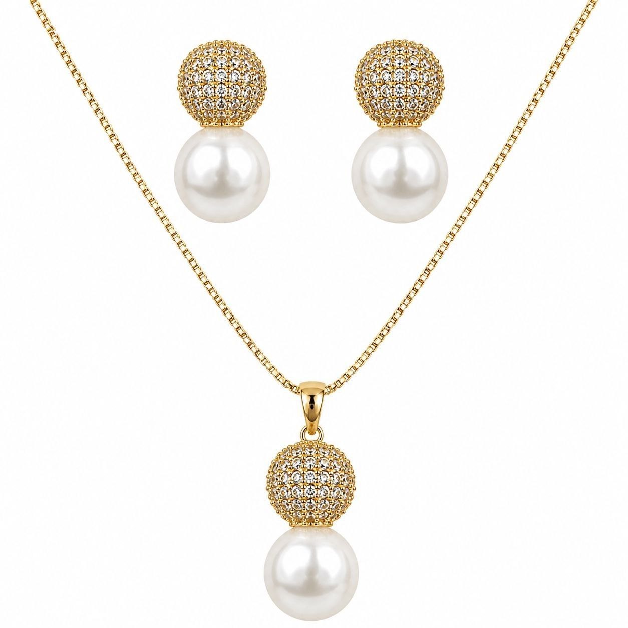 SET DE ENCHAPE PARA DAMA CADENA, DIJE Y TOPOS ESFERA PAVÉ CON PERLA COLGANTE
