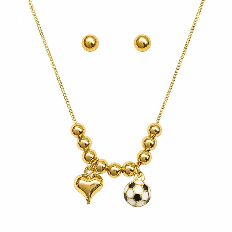 SET DE ENCHAPE PARA DAMA CADENA CON DIJES DE CORAZÓN, BALÓN DE FÚTBOL Y TOPOS BOLA