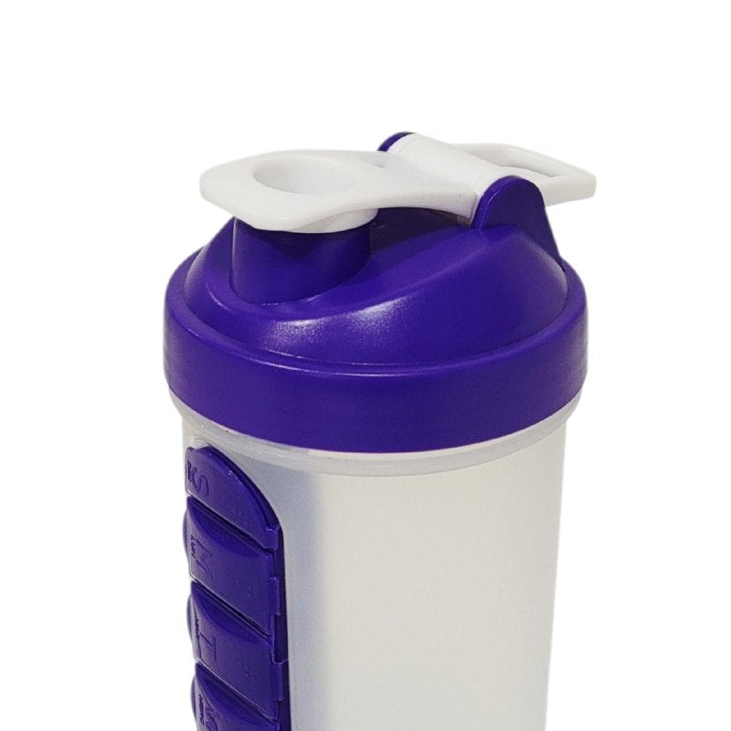 BOTELLA MEZCLADORA CON ORGANIZADOR DE VITAMINAS 2 EN 1 DE PLASTICO RESISTENTE 600ML