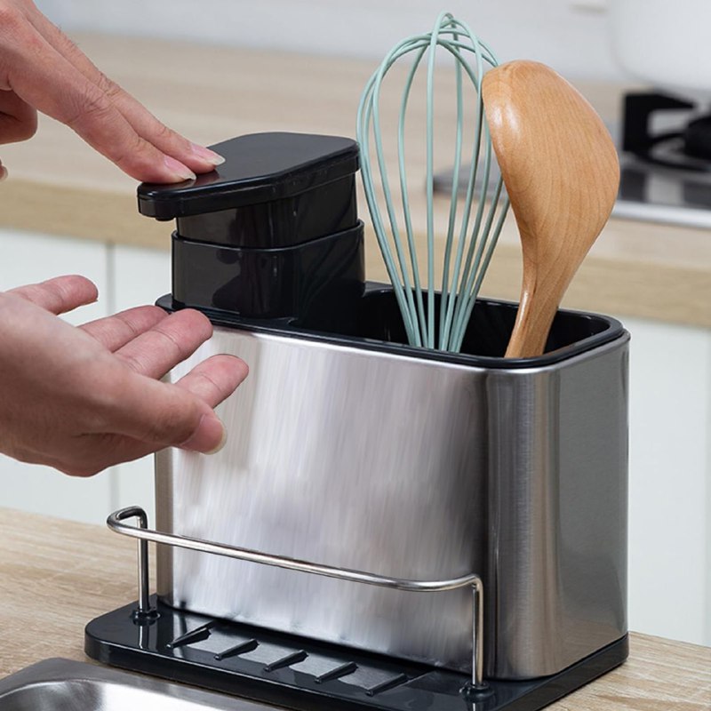 DISPENSADOR DE JABON LIQUIDO PARA COCINA O BAÑO CON ESTANTE DE ALMACENAMIENTO 3 EN 1 DE ACERO INOXIDABLE STAINLESS STEEL