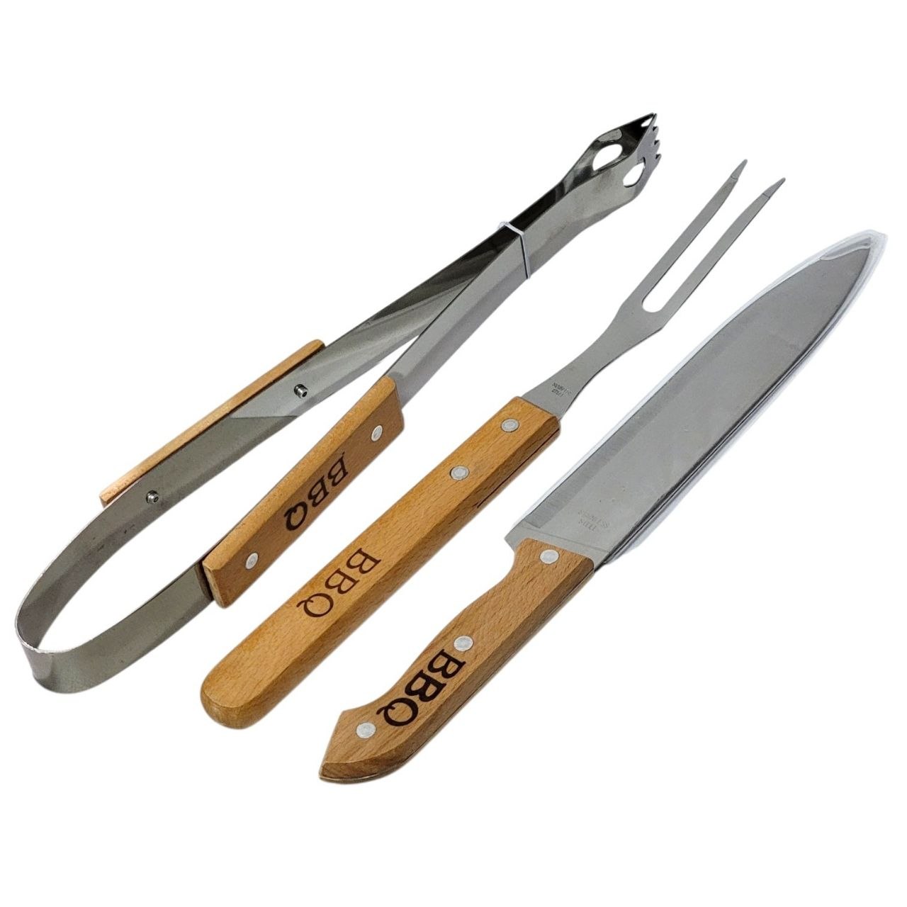 SET PARRILLERO PINZAS, UN TENEDOR TRINCHANTE Y UN CUCHILLO, TODOS CON MANGOS DE MADERA Y ESTRUCTURAS DE ACERO INOXIDABLE