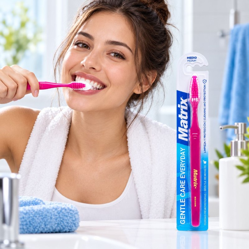 CEPILLO DE DIENTES DE LIMPIEZA PROFUNDA CON CERDAS DE MEDIA DUREZA Y MANGO ERGONOMICO MATRIX 19CM