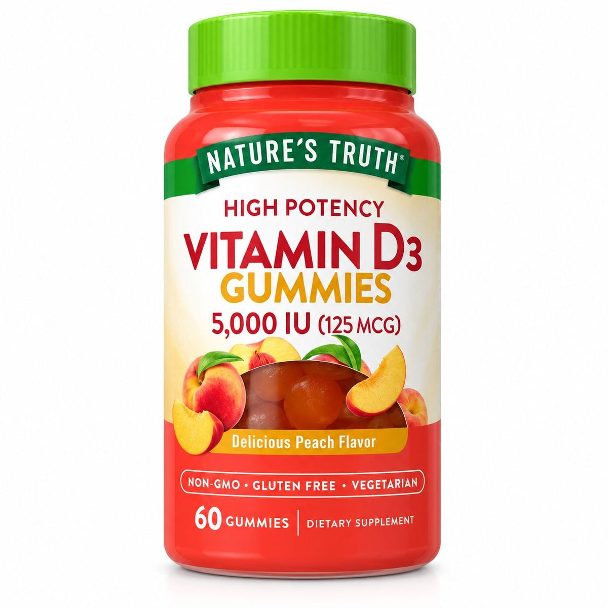 VITAMINAS EN GOMITAS DE ALTA POTENCIA, VITAMINA D3 5000UI 125MCG, SIN GLUTEN, SABOR MELOCOTON  NATURE S TRUTH 60UND