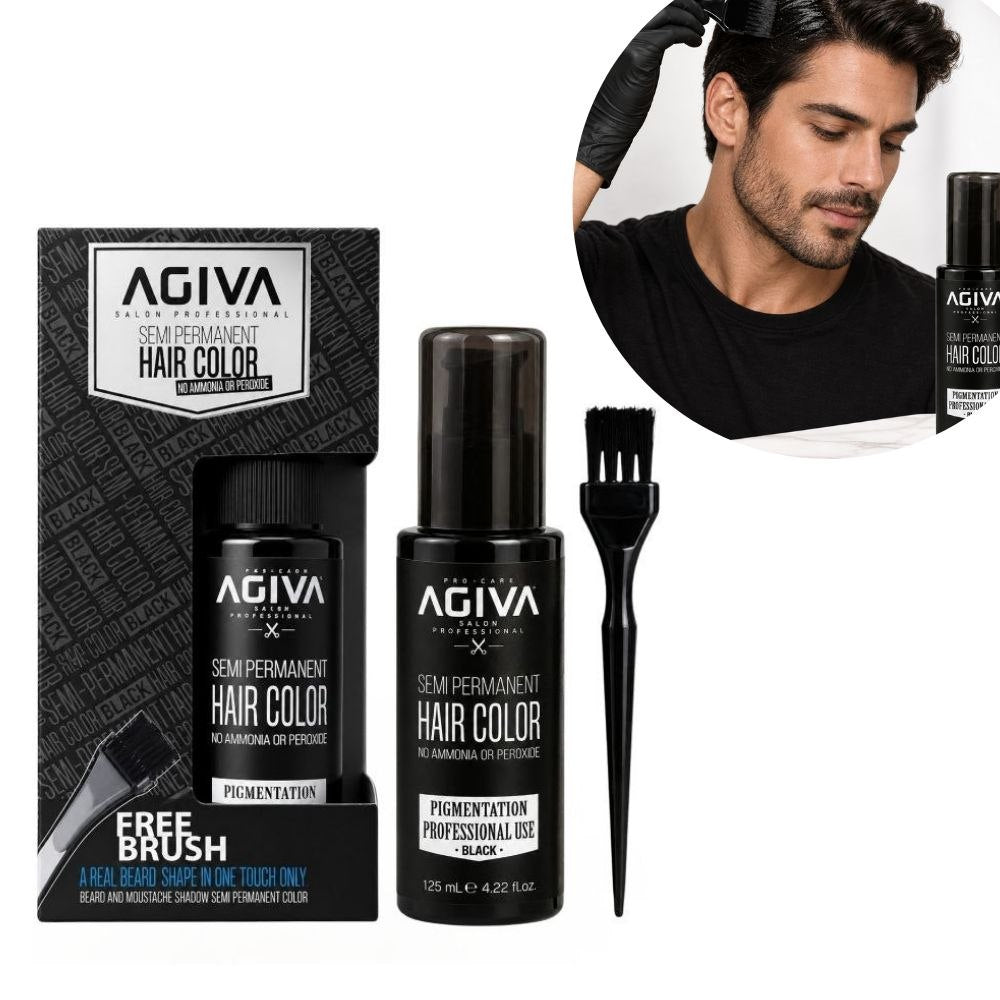 TINTE COLOR NEGRO SEMIPERMANENTE PARA CABELLO, BARBA Y BIGOTE CON BROCHA APLICADORA AGIVA 125ML