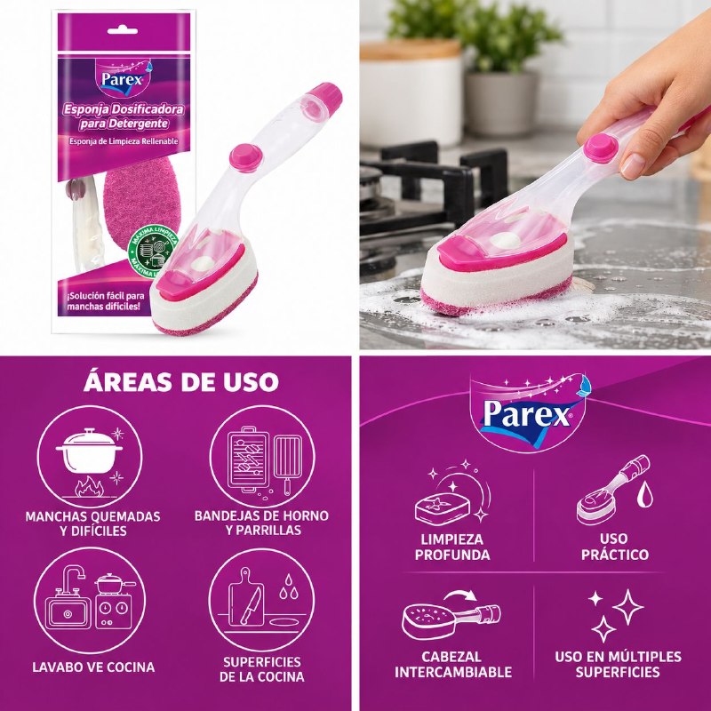 CEPILLO Y ESPONJA LIMPIADORA CON DEPOSITO DE DETERGENTE MULTIUSOS PAREX 31CM