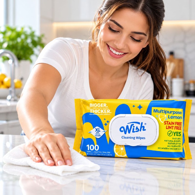 TOALLITAS HUMEDAS DE LIMPIEZA MULTIUSOS PARA EL HOGAR CON AROMA A LIMON WISH 100UND