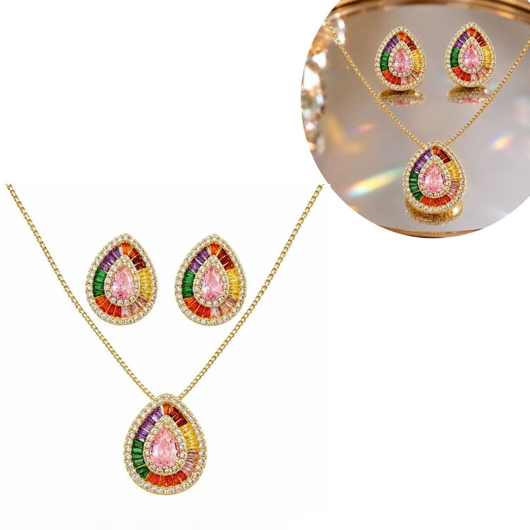 SET DE ENCHAPE PARA DAMA CADENA, DIJE Y TOPOS CORAZÓN ABOMBADO EN PAVÉ DE CIRCONES (Copia)
