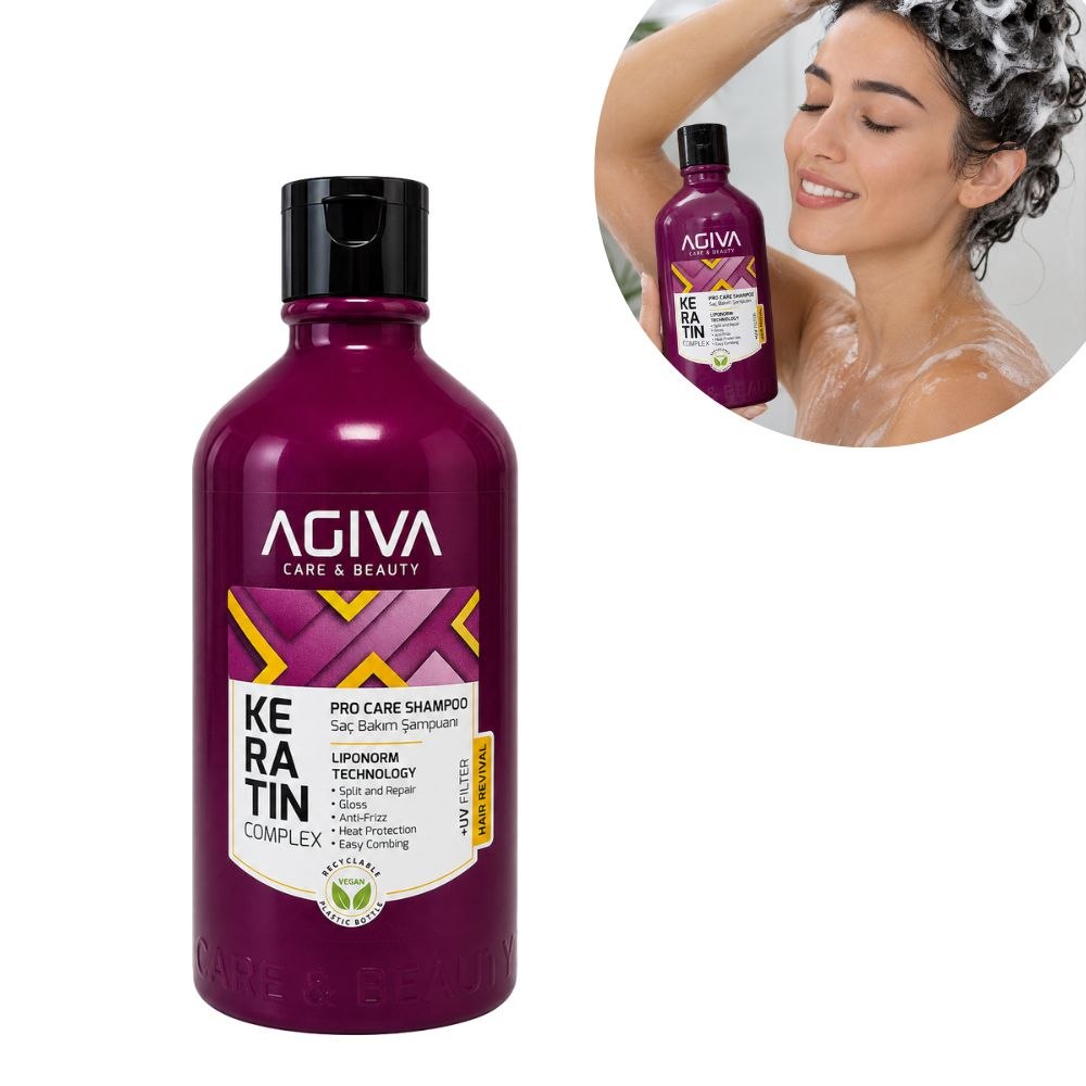 CHAMPÚ QUERATINA REPARADOR, ANTI-FRIZZ Y FILTRO UV AGIVA CARE & BEAUTY 500ML