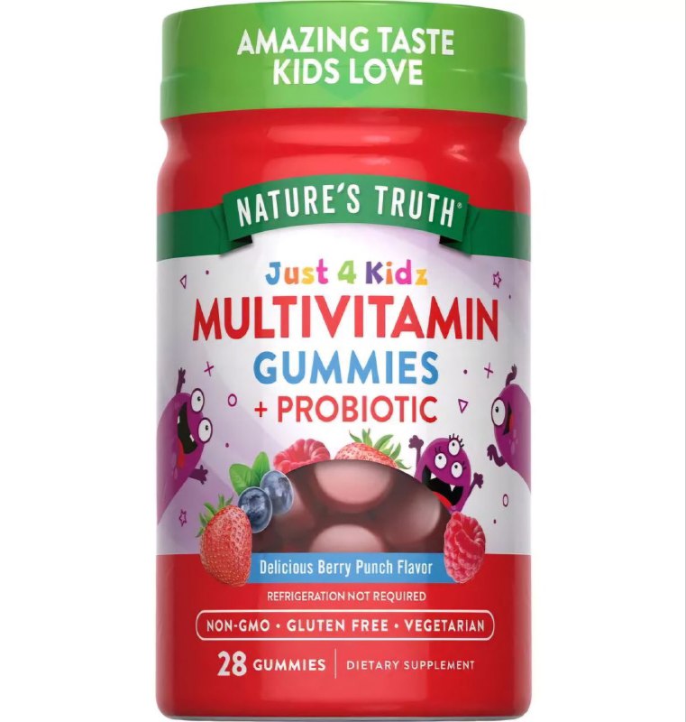 VITAMINAS EN GOMITAS PARA NIÑOS MULTIVITAMINICAS, PROBIOTICO SIN GLUTEN SIN OMG, VEGETARIANO, SABOR NATURAL A PONCHE DE BAYAS NATURE S TRUTH 28UND