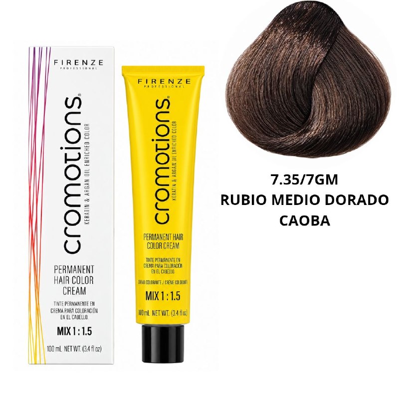 TINTE PERMANENTE PARA EL CABELLO EN CREMA RUBIO MEDIO DORADO CAOBA 7.35/ 7GM FIRENZE 100ML