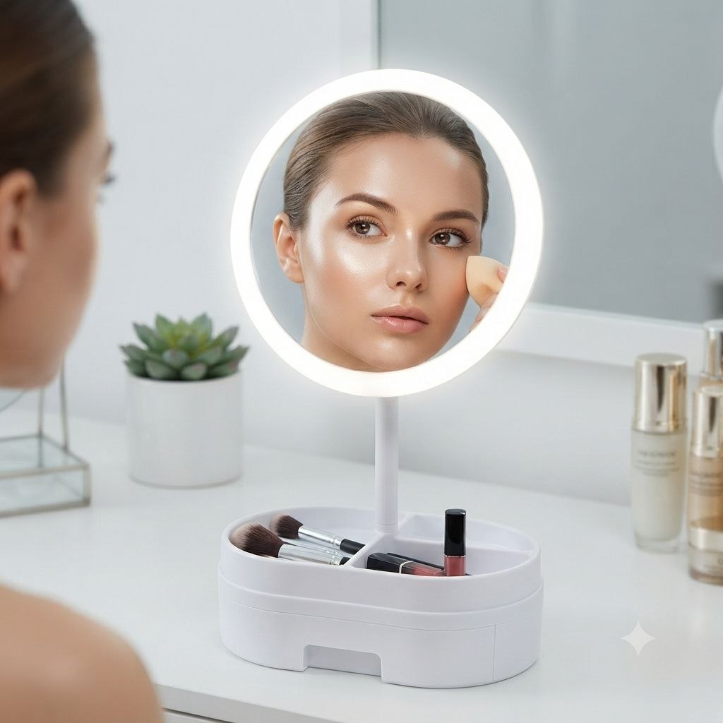 ESPEJO ORGANIZADOR DE MAQUILLAJE PREMIUM CON LUZ LED ESTACIÓN COSMÉTICA AJUSTABLE CON 2 MODOS DE ILUMINACIÓN BENELI HOME 21x14x37 CM