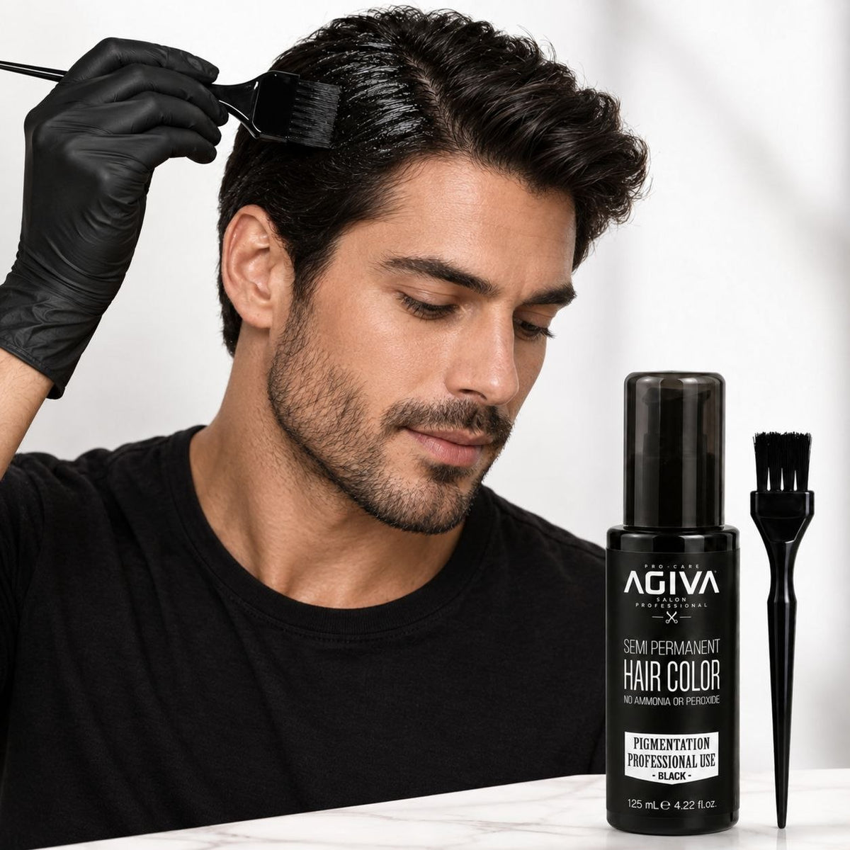 TINTE COLOR NEGRO SEMIPERMANENTE PARA CABELLO, BARBA Y BIGOTE CON BROCHA APLICADORA AGIVA 125ML