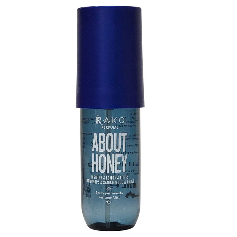 SPRAY PERFUMADO PARA EL CABELLO Y CUERPO DE JAZMIN, LIMON Y LIRIOS, CAMPANILLAS DE INVIERNO, SANDALO Y AMBAR RAKO ABOUT HONEY 90ML
