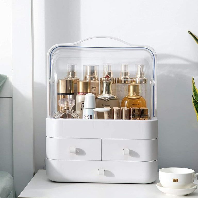 ORGANIZADOR ESTANTE DE COSMETICOS, MAQUILLAJE CAJA DE ALMACENAMIENTO CON CUBIERTA LIBRE DE POLVO, MANGO, PORTATIL, TAPA IMPERMEABLE COLOR BLANCO