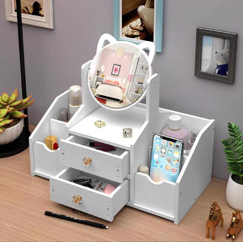 ORGANIZADOR ESTANTE DE COSMETICOS COLOR BLANCO CON ESPEJO DE GATO DE DOBLE CAJON 35X16X28CM
