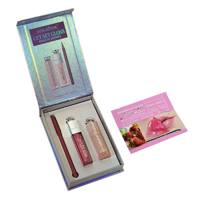 SET DE BRILLO LABIAL DELINEADOR DE LABIOS Y BALSAMO LABIAL EN TONOS NATURALES 3PCS MISS ROYAL (DUPE DE DIOR)