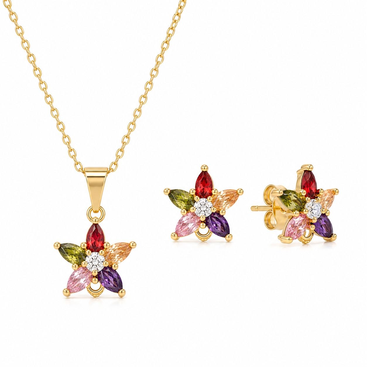SET DE ENCHAPE PARA DAMA CON DISEÑO DE FLOR MULTICOLOR EN CIRCONES EN CORTE MARQUESA