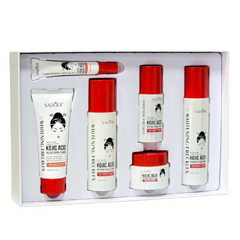 SET DE CUIDADO FACIAL DE ACIDO KOJICO DE 6 PIEZAS, EFECTO BLANQUEADOR, REPARADOR Y REDUCTORA DEL ACNE SADOER KOJIC ACID WHITENING FRECKLES