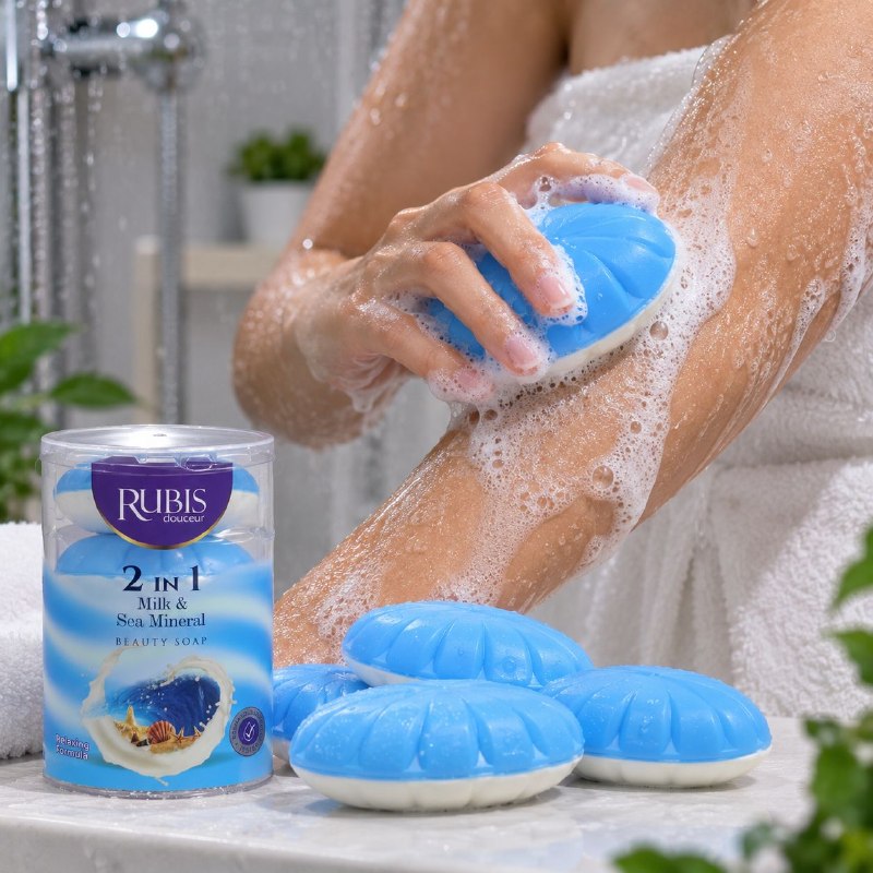 JABON EN BARRA CORPORAL Y FACIAL DE LIMPIEZA SUAVIZANTE DE LECHE Y MINERALES MARINOS RUBIS DOUCEUR 4PCS