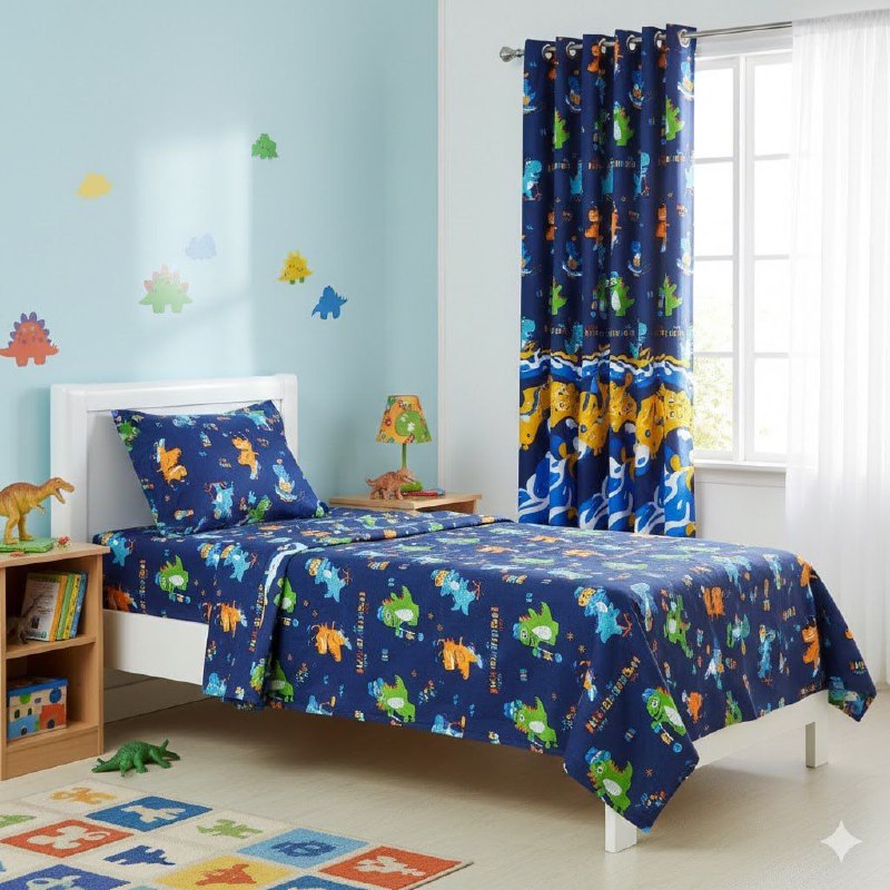 JUEGO DE SABANAS MATRIMONIAL CON CORTINAS PARA NIÑOS DE DINOSAURIOS 6PCS BENELI HOME