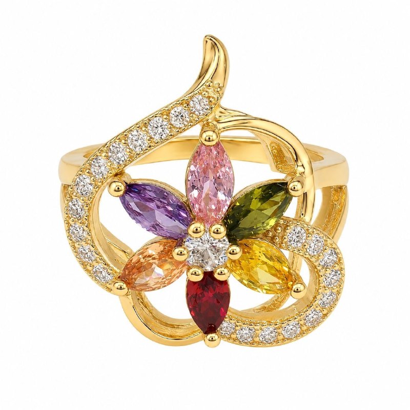 ANILLO DE ENCHAPE PARA DAMA CON FLOR DE CIRCONES MULTICOLOR Y MARCO ORNAMENTAL