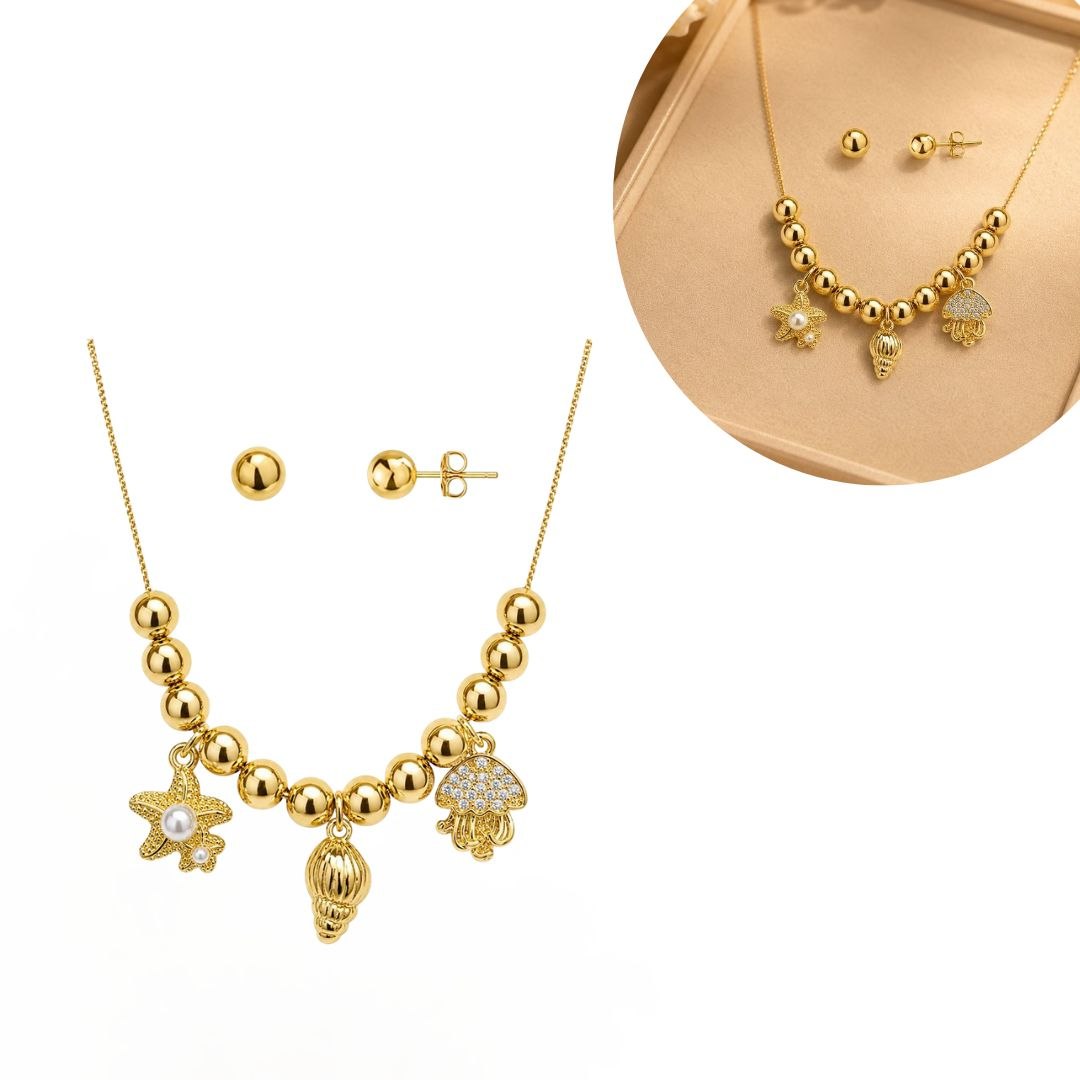 SET DE ENCHAPE PARA DAMA COLLAR CON BALINES, DIJES MARINOS Y TOPOS BALÍN
