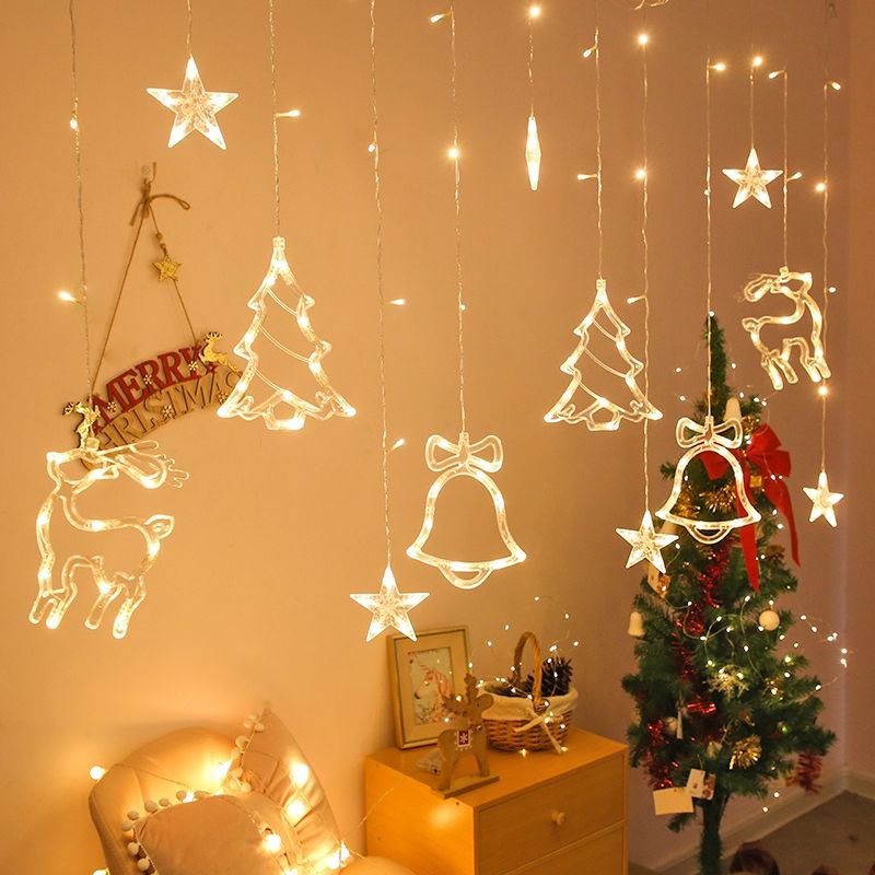 LUCES DECORATIVAS NAVIDEÑAS CORTINA DE LUCES LED FORMA DE ESTRELLA, RENO, ARBOL Y CAMPANA DECORACION PARA EL HOGAR  9 MODOS DE CAMBIO DE LUZ, 20X9.5X20CM LED CHRISTMAS LIGHTS