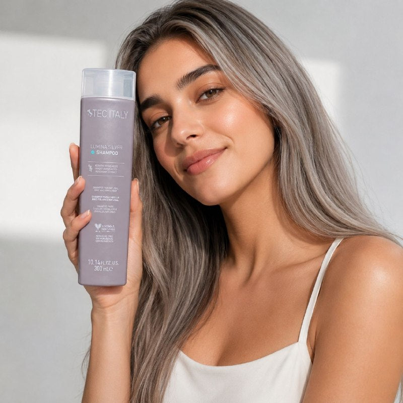 SHAMPOO MATIZADOR PARA CABELLO GRIS Y BLANCO NATURAL CON AMINOACIDOS DE QUERATINA Y TRIGO EXTRACTO DE ROMERO TEC ITALY 300ML