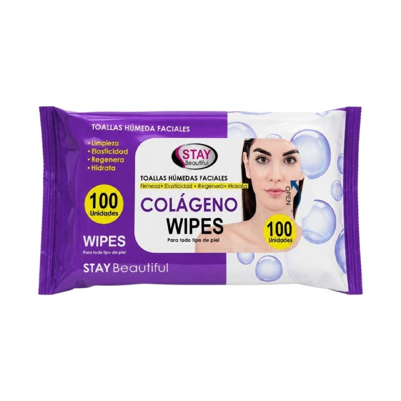 TOALLITAS HUMEDAS FACIALES CON COLAGENO LIMPIADORAS E HIDRATANTES STAY BEAUTIFUL 100UND