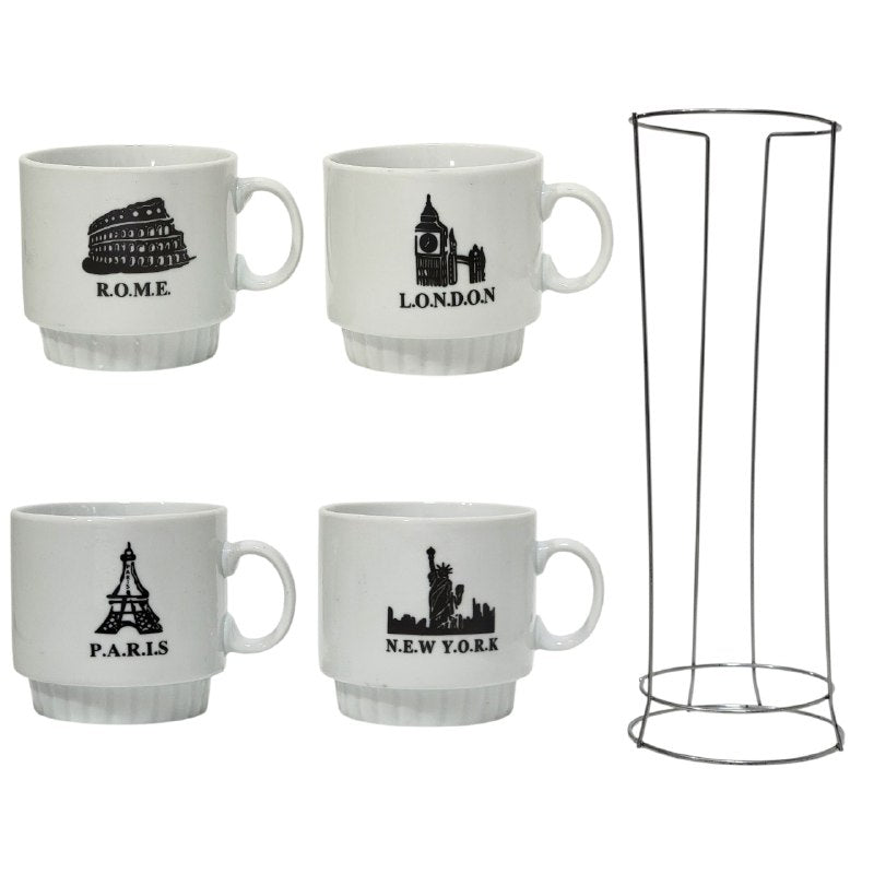 JUEGO DE 4 TAZAS DE CAFE APILABLES CON ESTANTE DE METAL ELEGANTES MINIMALISTAS 9X9CM