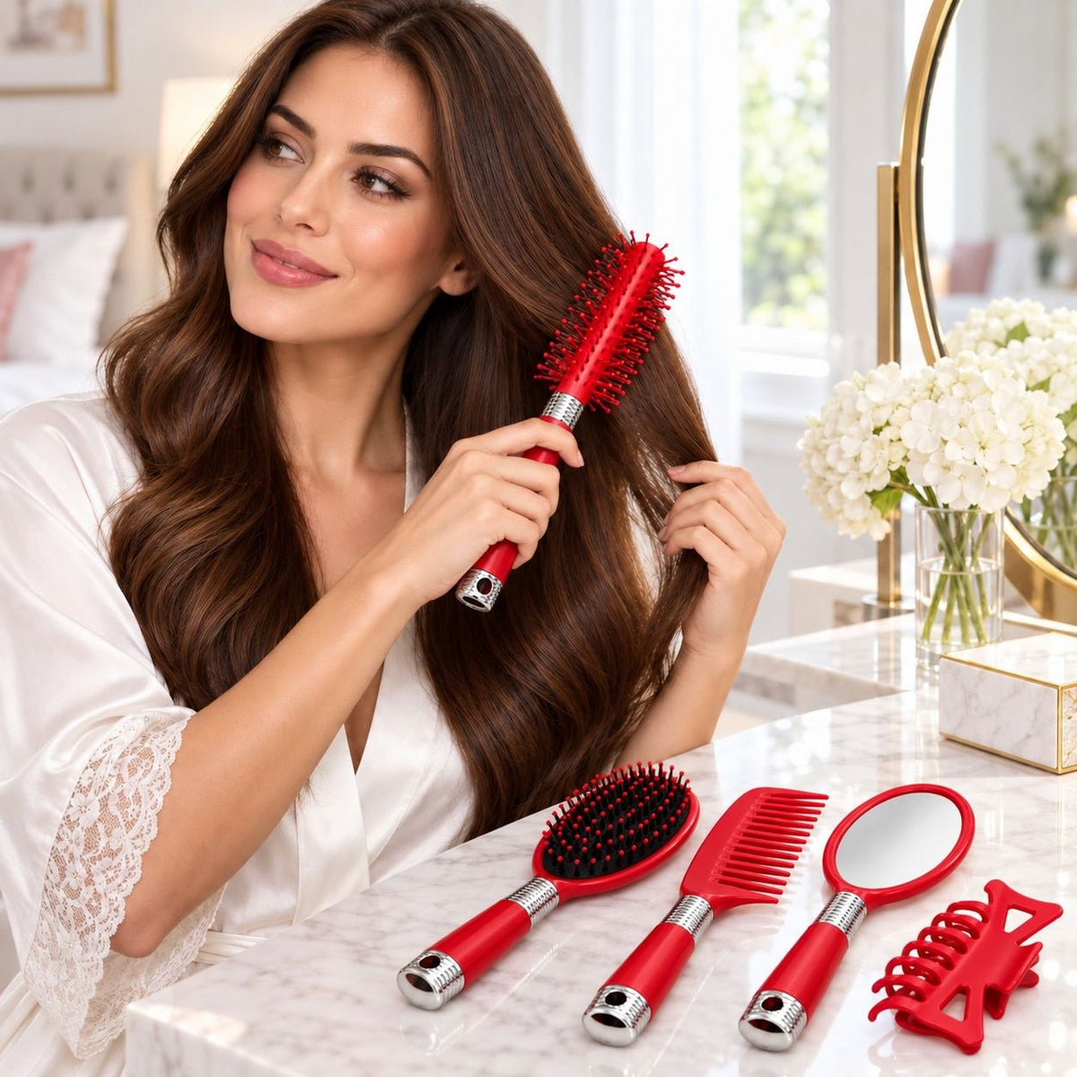 SET DE CEPILLOS ESPEJO Y ACCESORIOS PARA CABELLO 5 PIEZAS