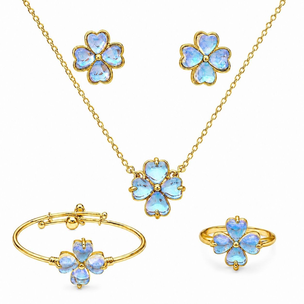 SET DE ENCHAPE PARA NIÑA CADENA, DIJE, TOPOS, PULSERA Y ANILLO FLOR / TRÉBOL AZUL TORNASOL