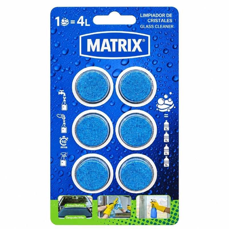 PASTILLAS LIMPIADORAS EFERVESCENTES PARA VIDRIOS SOLUBLE EN AGUA MATRIX 6PCS