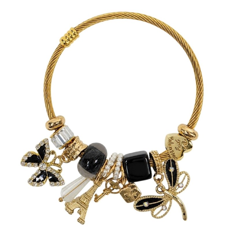 PULSERA DE ENCHAPE PARA DAMA CON DISEÑO DE MARIPOSA, TORRE EIFFEL Y MARIPOSA 6CM
