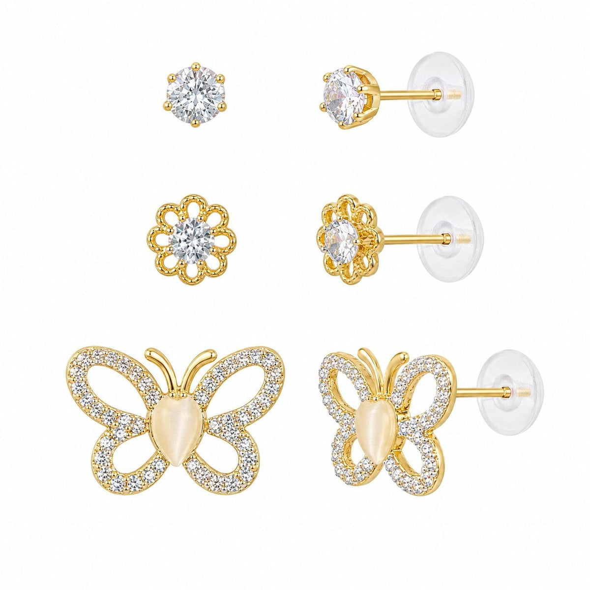 SET DE ARETES ENCHAPE PARA DAMA TRIPLE PAR CON MOTIVO MARIPOSA EN PAVÉ Y CORAZÓN NÁCAR