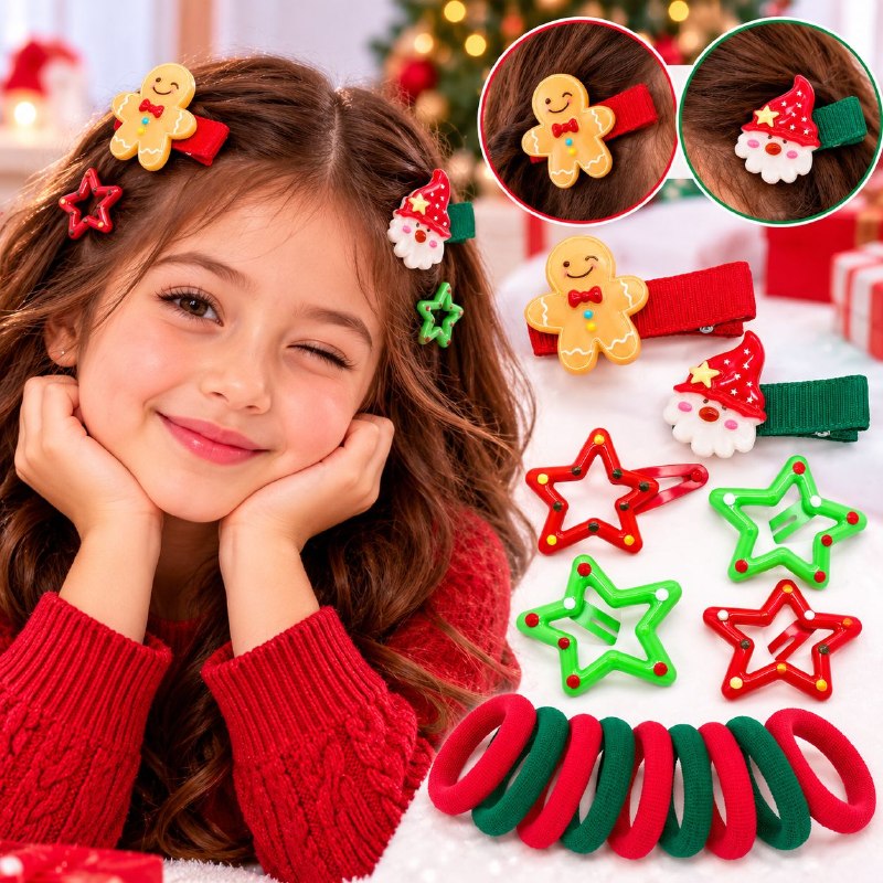 SET DE ACCESORIOS PARA EL CABELLO CON DISEÑOS NAVIDEÑOS PARA NIÑAS