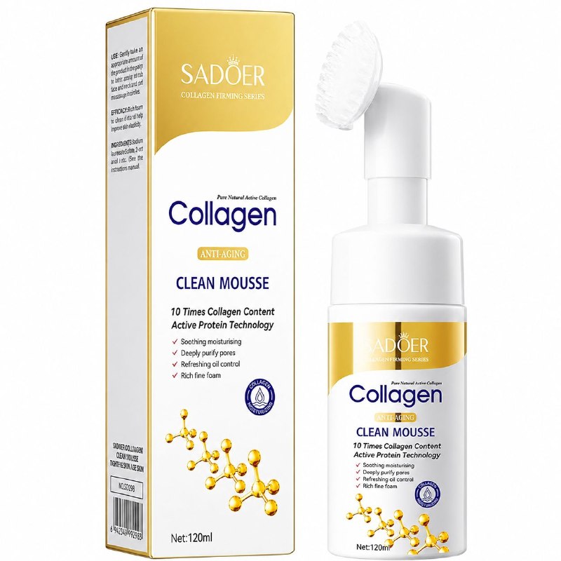 LIMPIADOR FACIAL EN ESPUMA DE COLAGENO ACTIVO NATURAL PURO, ANTIEDAD, ESPUMA LIMPIADORA FACIAL, HIDRATANTE, CALMANTE Y REFRESCANTE SADOER COLLAGEN FIRMING SERIES CLEAN MOUSE 120ML