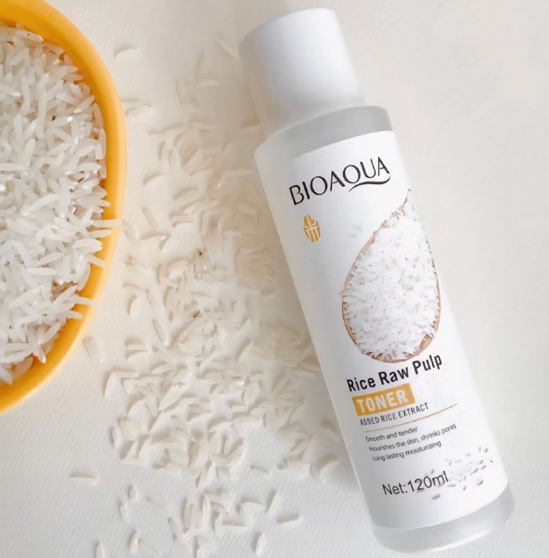 TONICO FACIAL DE PULPA CRUDA DE AROZ, INGREDIENTES QUE CUIDAN LA PIEL COMO ARROZ, TEXTURA CLARA E HIDRATANTE, DEJA LA PIEL SUAVE, RADIANTE Y FLEXIBLE BIOAQUA 120ML