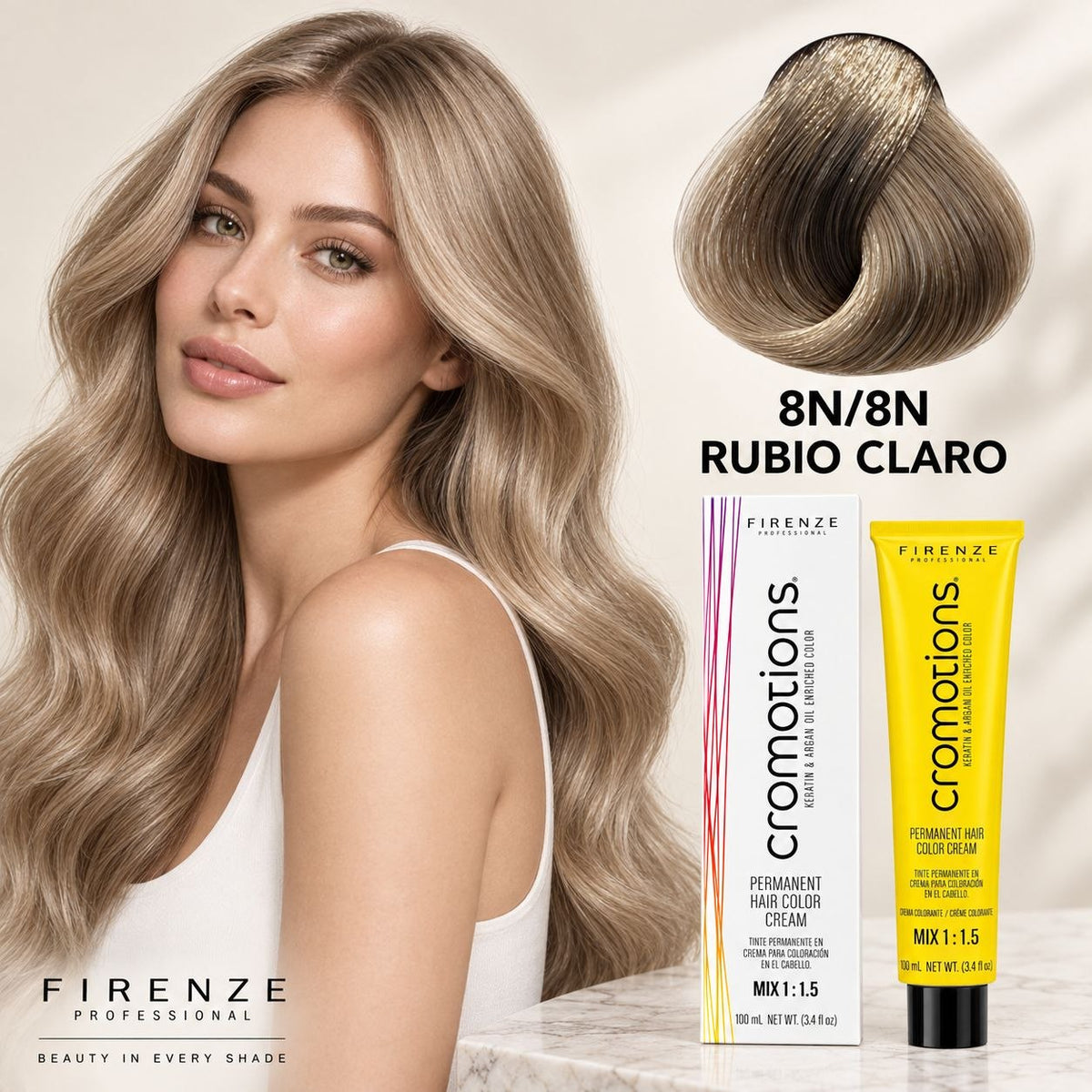 TINTE PERMANENTE EN CREMA CROMOTIONS 8N/8N RUBIO CLARO FIRENZE PROFESSIONAL 100ML