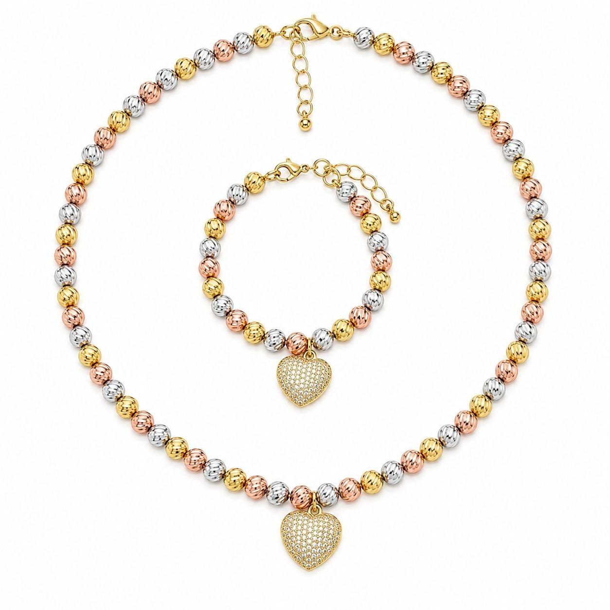 SET DE ENCHAPE PARA DAMA COLLAR Y PULSERA BALINES TRICOLOR CON DIJE CORAZÓN PAVÉ