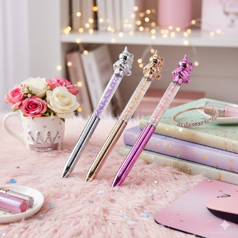 LAPIZ BOLIGRAFO DISEÑO DE UNICORNIO METALICO CON BRILLOS QINQIN, 4 ESTILOS