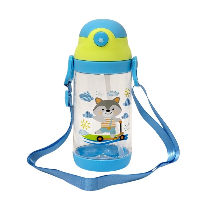 BOTE DE AGUA INFANTIL CON CORREA Y PAJILLA PARA NIÑOS 18X7CM