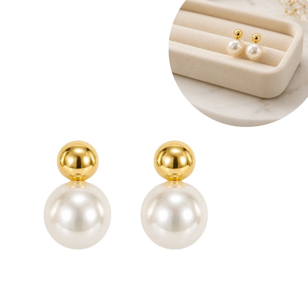 ARETES DE ENCHAPE PARA DAMA DOBLE ESFERA CON PERLA LAMINADA