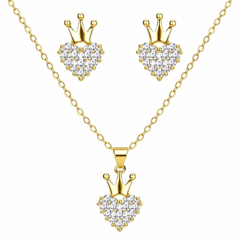 SET DE ENCHAPE PARA DAMA CADENA, DIJE Y TOPOS CORAZÓN CON CORONA Y CIRCONES