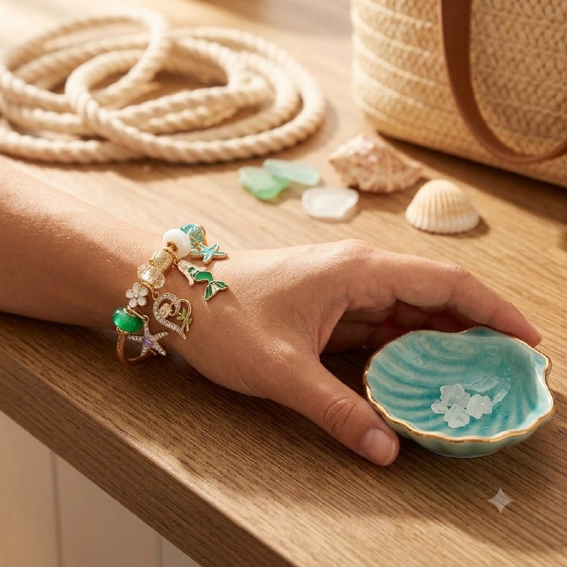 PULSERA DE ENCHAPE PARA DAMA CON DISEÑO DE ESTRELLA, CORAZON, SIRENA Y ESTRELLA   6CM