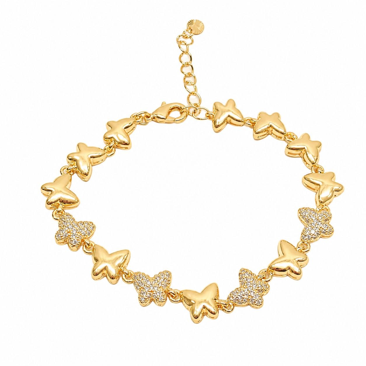 PULSERA DE ENCHAPE PARA DAMA ESFERAS DE MARIPOSAS EN PAVÉ Y LISAS