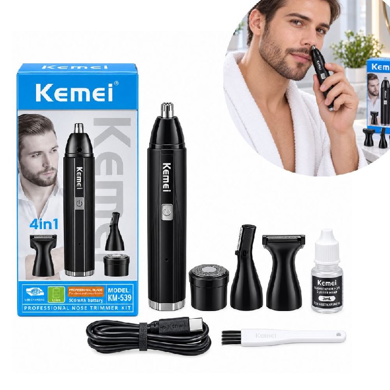 KIT DE AFEITADO Y RECORTE 4 EN 1 DE BELLO DE BARBA, CEJAS, BIGOTE PARA HOMBRES ELECTRICO RECARGABLE KEMEI