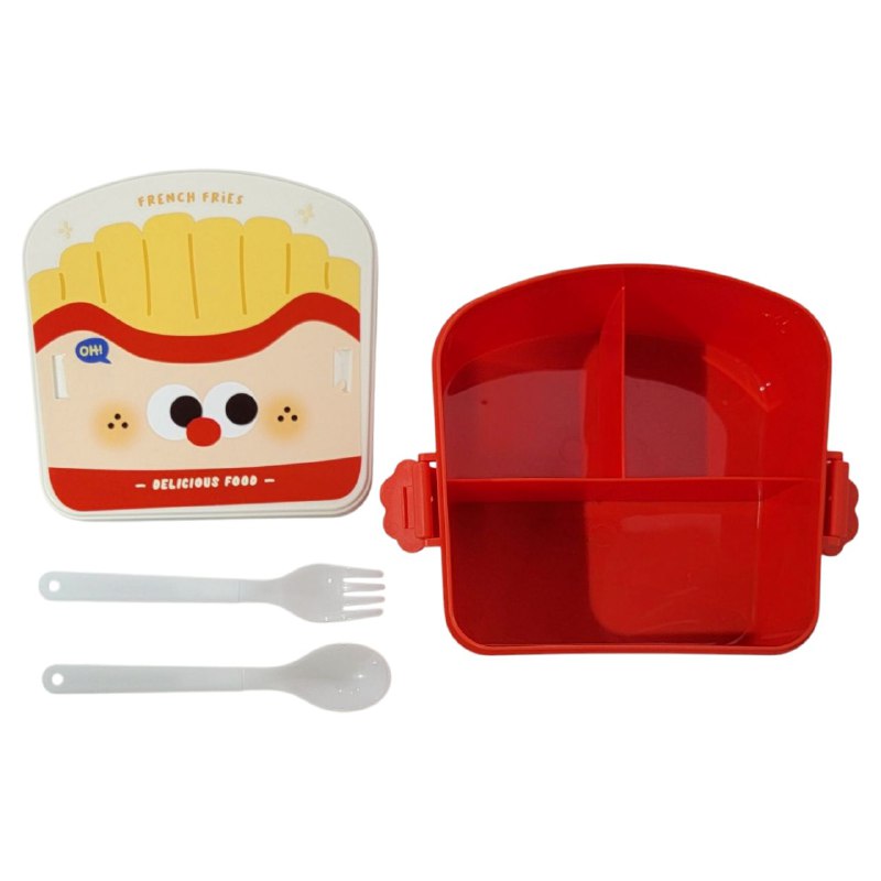 LONCHERA CON DISEÑO DE PAPAS FRITAS CON SEPARADOR Y CUBIERTOS