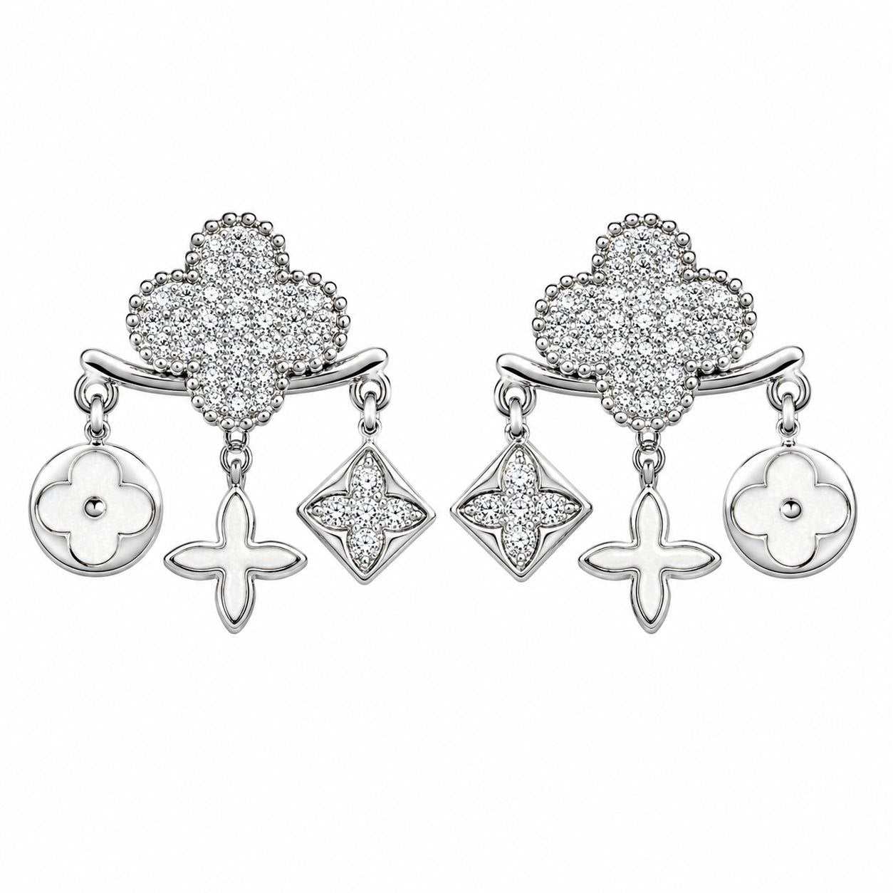 ARITOS DE ENCHAPE PARA DAMA CON DISENO DE TREBOL Y CHARMS GEOMETRICOS COLGANTES