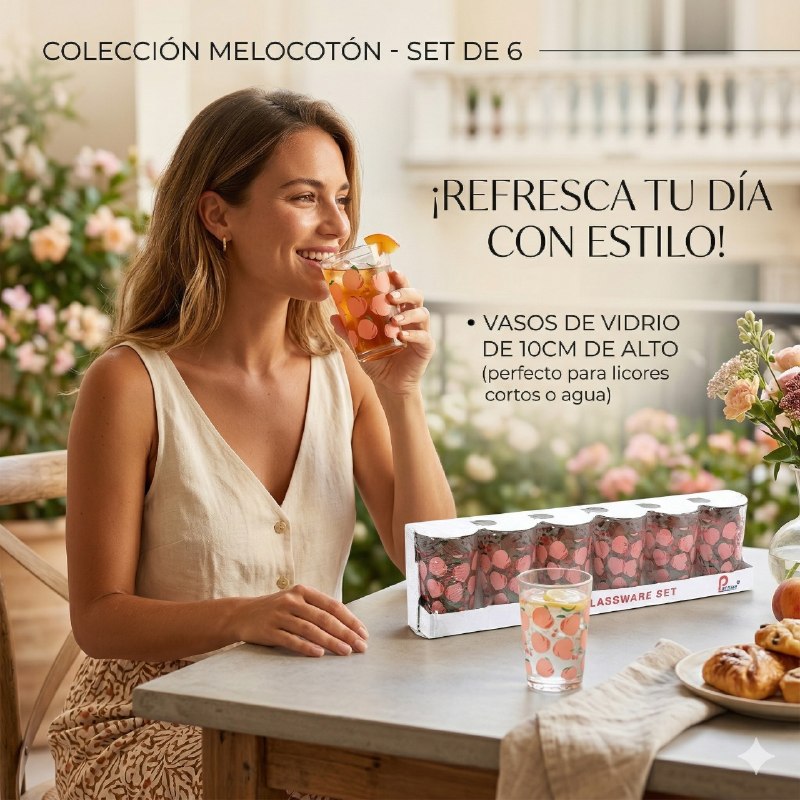 SET DE VASOS DE VIDRIO CON DISEÑO DE MELOCOTON PRISMA 10CM X 6PC